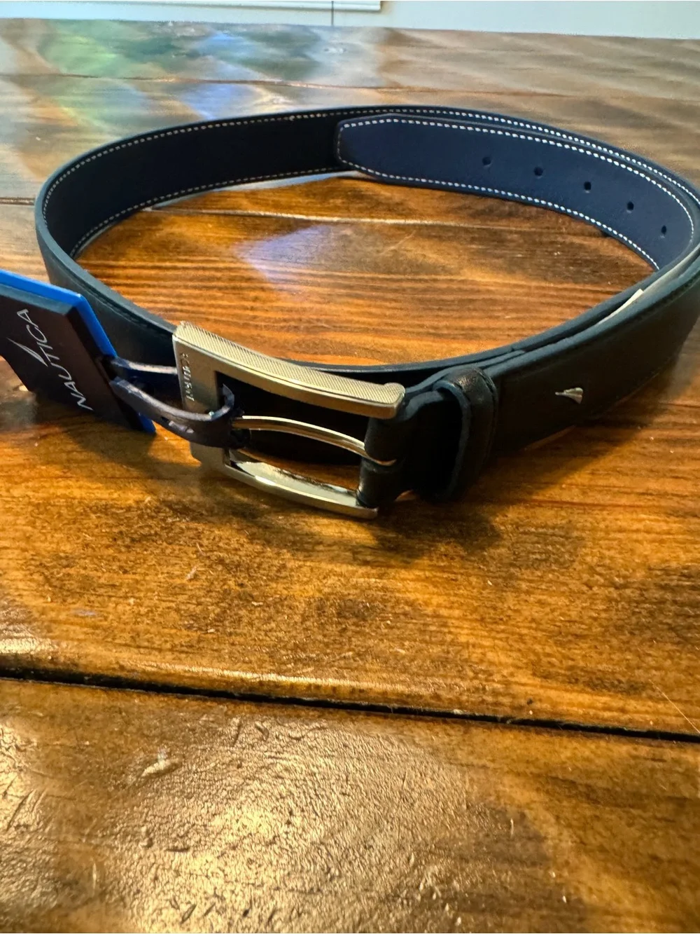Nautica Black Leather Belt Mens 34-36 Silver Buckle. New with tag